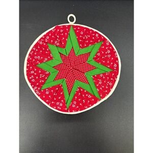Vintage Handmade Quilted Folded Star Pot Holder Red Green Floral Grannycore 8"